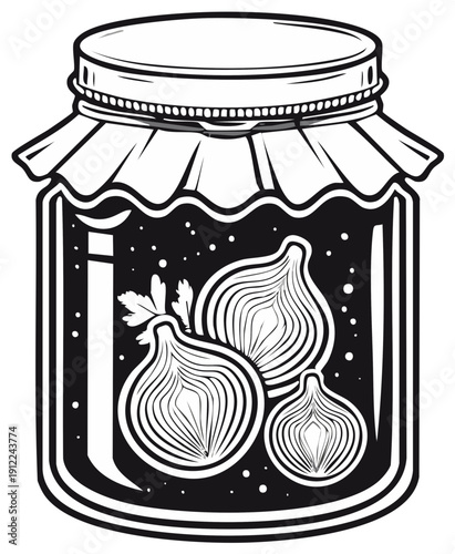 Pickled Onions in Glass Jar Monochrome Illustration Preserved Vegetables in Canning