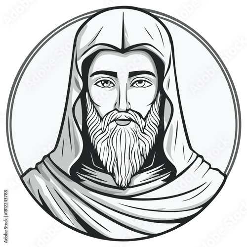 Monochrome portrait of a bearded man with hood within a circle frame