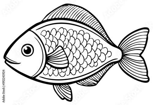Cartoon Fish with Scales and Fins Vector Outline Illustration