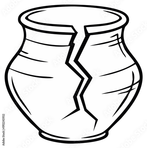 Line art depiction of cracked vase, broken pottery with dark outlines on a blank surface
