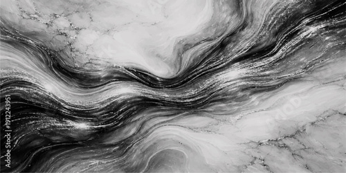 A smooth black and white abstract background features a liquid smoke swirl with a chrome metal texture and flowing wave patterns for a modern motion art design