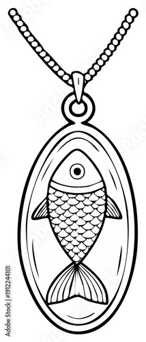 Oval Pendant Necklace with Stylized Fish Illustration for Jewelry Design