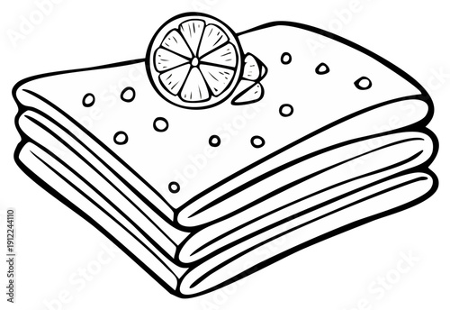 Stack of pancakes with lemon slice topping, outline illustration