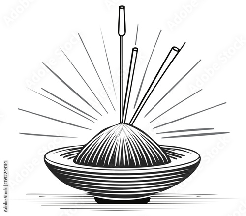 Incense sticks burning in a bowl emitting aromatic smoke and radiating lines