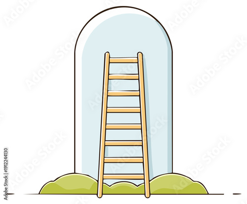 Graphic wooden ladder leaning against a tall light blue arched wall on green ground representing aspiration