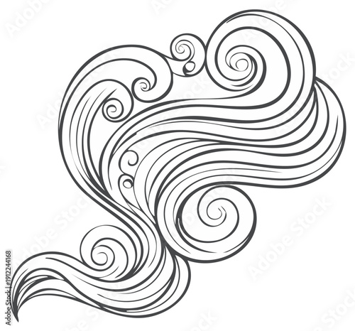 Stylized flowing swirls and waves artwork illustration evokes natural movement and fluid dynamics, elegant design element, vector art
