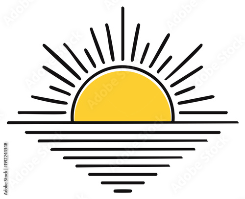 Minimalist Sun Over Ocean Graphic Illustration Radiating Rays and Horizontal Lines Sunrise Logo Simple Vector Artwork