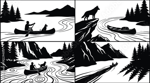 Minimalist Black and White Vector Illustration of a Man and His Dog Canoeing Through a Scenic Mountain Wilderness River Landscape