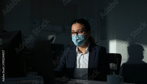 Woman Working at a Desk While Wearing a Mask in a Dimly Lit Office in the Mor...