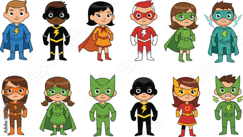 Cute kids superheroes, cartoon hero characters, comic style children, colorful costumes, superhero team, fantasy heroes, kids illustration, isolated character set