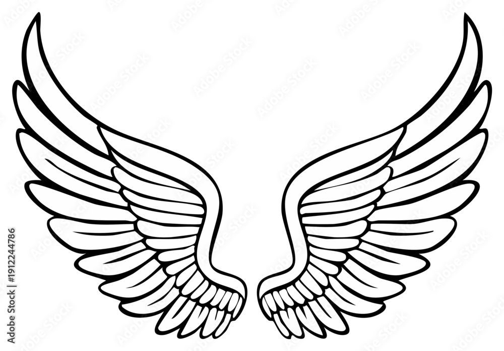 Fototapeta premium Elegant black outline symmetrical wings vector illustration. Stylized mythical bird or angel feather design concept.