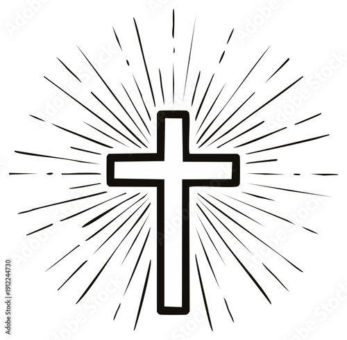 Christian cross with radiant sunburst lines symbolizing faith hope and divine light