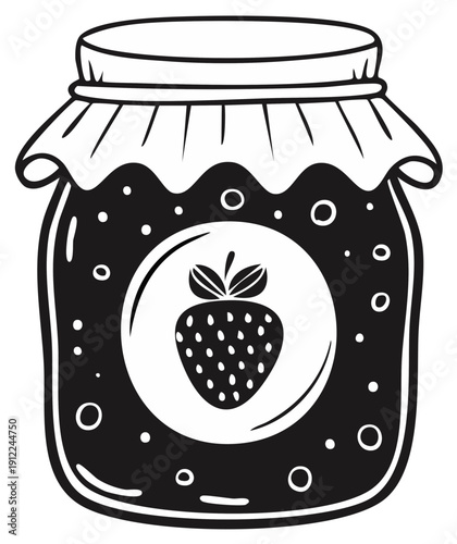 Hand drawn jar of strawberry jam with fruit icon on label