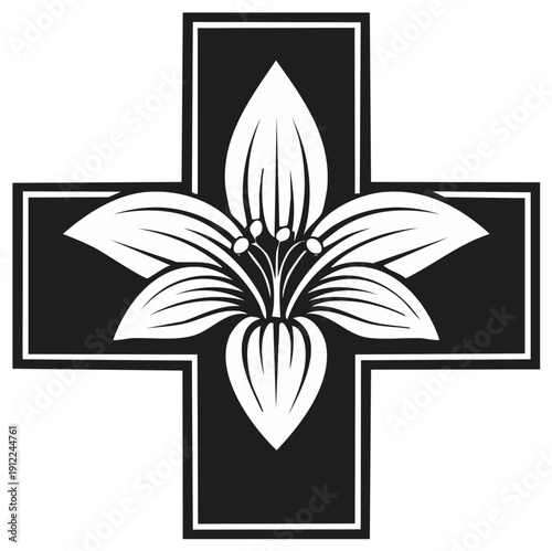 Elegant white lily flower within a black medical cross symbol on a white background