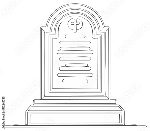 Isolated line art drawing of a tombstone with a Christian cross symbol
