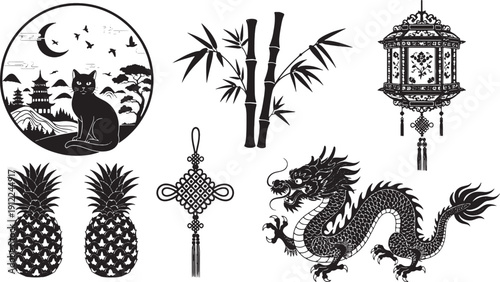 Black and white asian inspired of cat dragon pineapples and lanterns