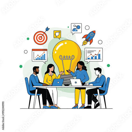 A diverse group of people brainstorming ideas around a table with laptops and a large lightbulb symbolizing innovation and teamwork