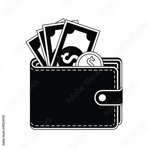 A black wallet filled with money and a coin on a white background
