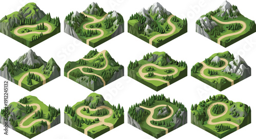 Isometric mountain landscape collection with winding roads, forest hills terrain map tiles for game design and environment illustration assets