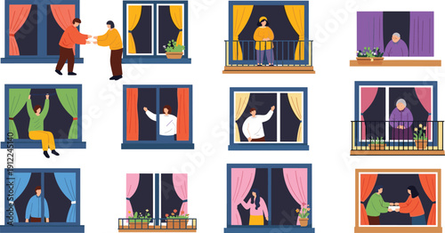 Neighbors communicating through windows during quarantine, social distancing lifestyle illustration showing community connection, support, and balcony interactions