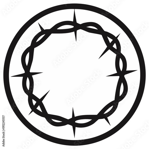 Iconic black outline illustration of a crown of thorns symbol framed by a simple circular border
