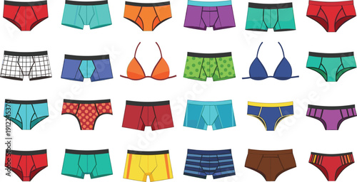 Underwear collection set, men and women lingerie, boxer briefs, panties, bra, colorful underwear, clothing essentials, fashion illustration, garment icons design