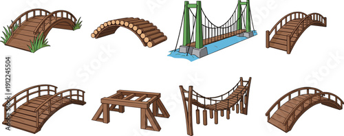 Wooden bridge collection set, garden and rope bridges, suspension bridge, rustic timber structures, park architecture, crossing walkway, cartoon illustration icons