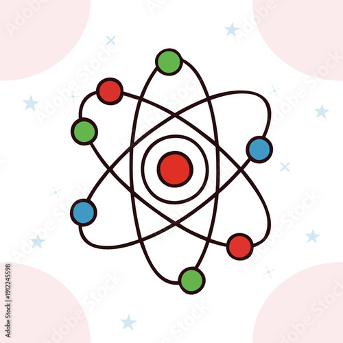 Stylized atomic model with orbiting electrons, representing physics, science, and nuclear energy.