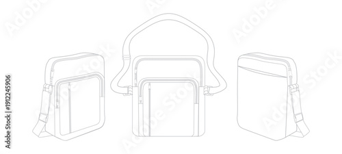 Crossbody Messenger Bag Technical Flat Sketch Front Side and Back Views Vector