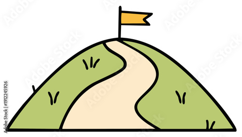 Winding path leads to a flag atop a grassy hill representing achievement and success