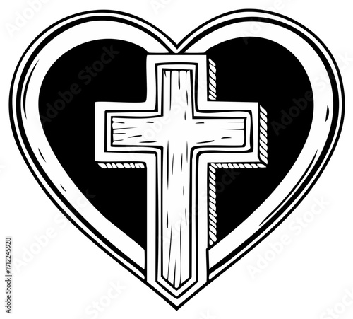 Stylized Christian Cross Centered Inside a Black Heart Outline with White Border
