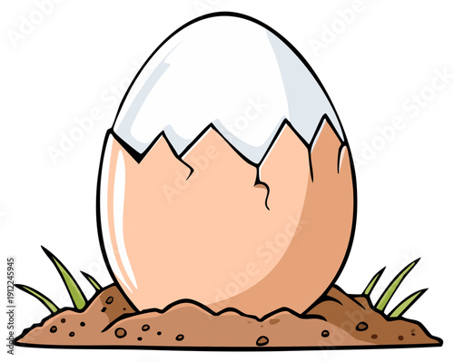 Cartoon cracked egg in soil with sprouts hatching concept for freshness and new beginnings