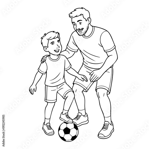 Charming black and white illustration of a father teaching his young son to play soccer, capturing a joyful family bonding moment in a warm, engaging style.
