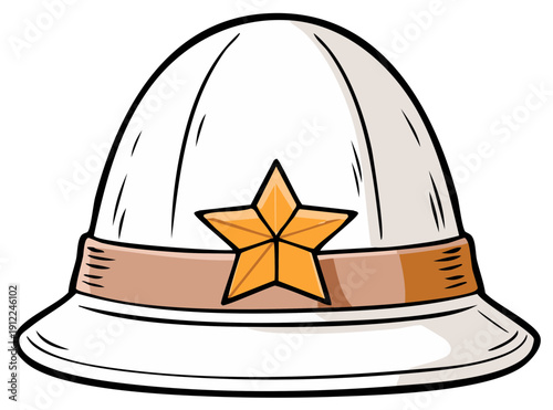 Illustration of a white pith helmet with a gold star and brown band