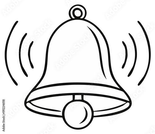 Outline illustration of a ringing bell with sound waves, monochrome design