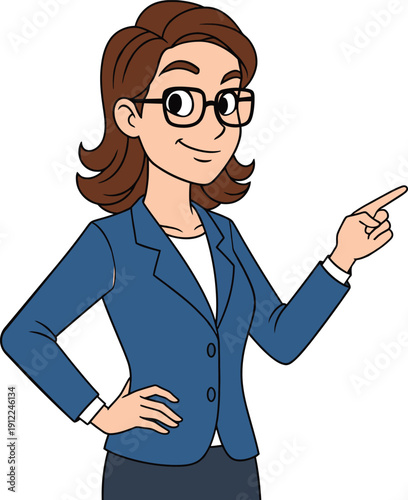 Smiling businesswoman with glasses pointing to the right with her index finger female office