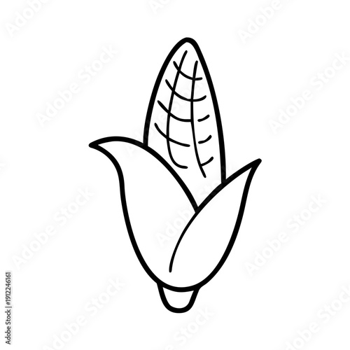 Hand drawn corn icon, cartoon style, black lines show natural produce. Single corn icon shows ear, kernels, husks, agriculture designs. Graphic corn icon for web, education, packaging.