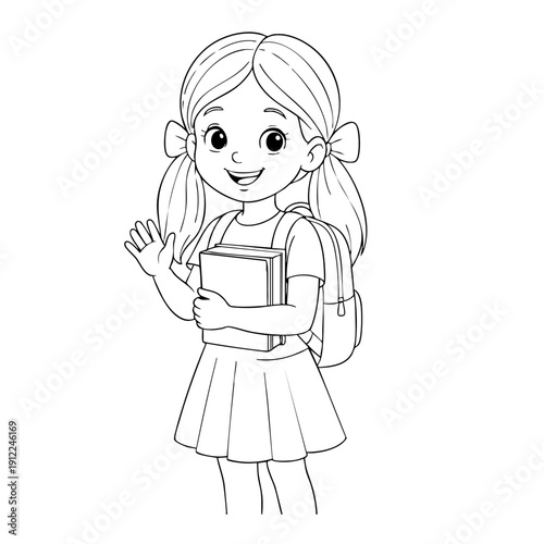 Charming illustration of a cheerful young schoolgirl holding a digital tablet, waving happily in a bright and friendly setting ideal for education and technology themes.