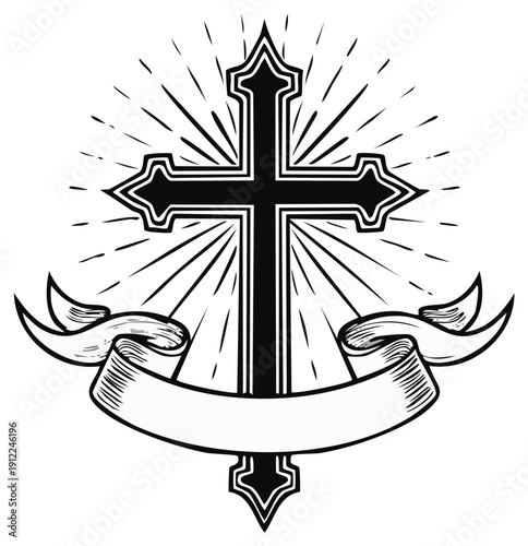 Ornate Christian Cross with Sunburst Rays and Ribbon Banner Symbol for Faith and Spirituality