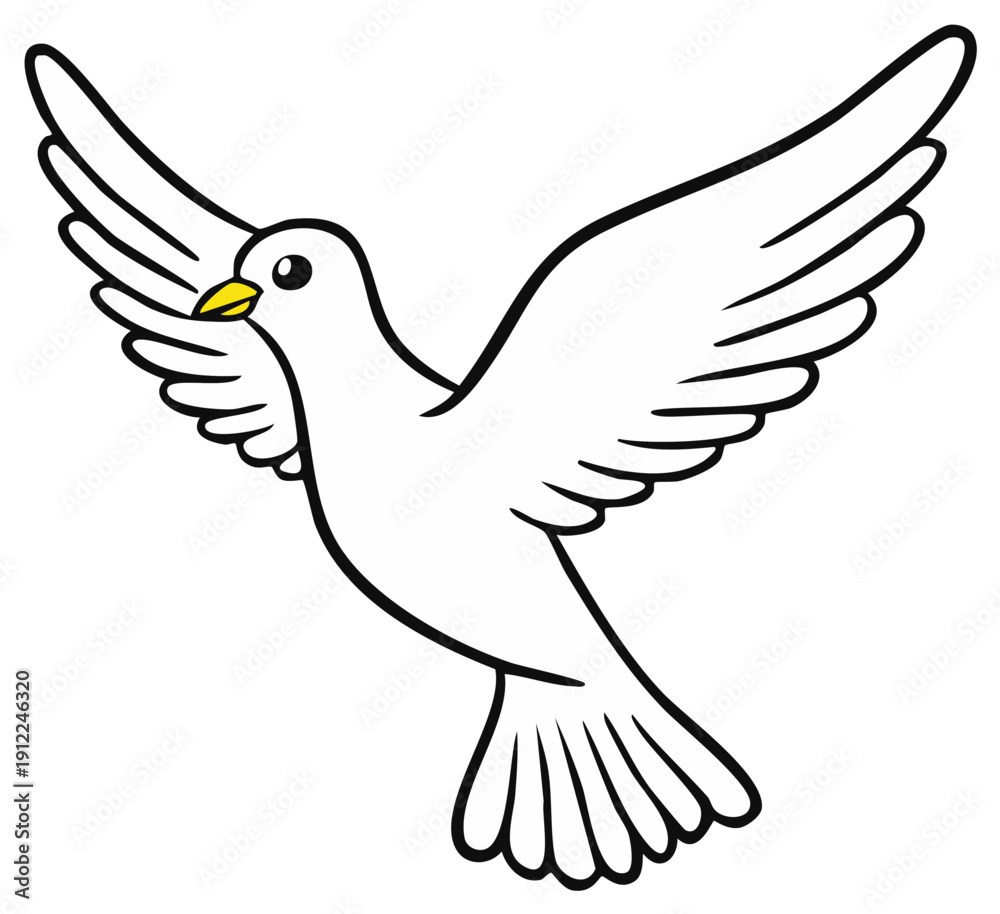Obraz premium Graceful White Dove Bird Flying with Open Wings Isolated Simple Line Art