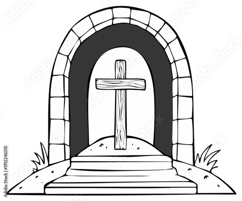 Cross within a stone archway, religious symbol.