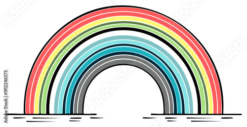 Vibrant Rainbow Arc with Multiple Colorful Stripes and Black Outline
