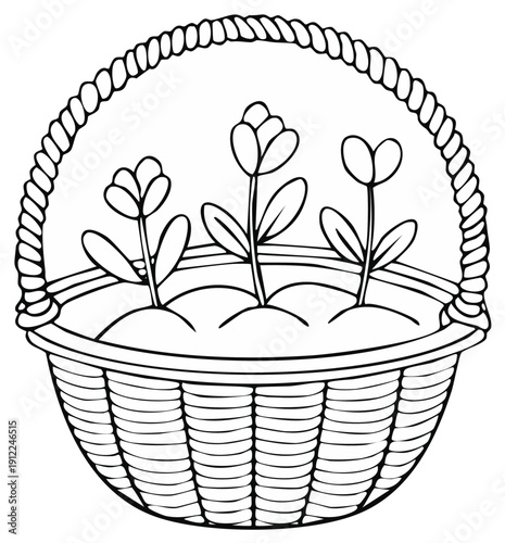 Black and white drawing of a woven basket filled with three budding tulips and leaves, with a rope handle