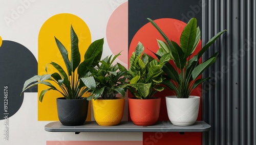 Plants in Colorful Pots Arranged on a Shelf Against a Vibrant Wall