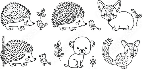 Cute Woodland Animal Coloring Page Set Featuring Hedgehog Fox Squirrel Bird and Bear Character Line Art for Kids Activities