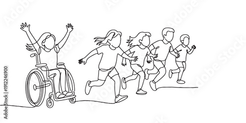 Continuous line drawing of kids running race