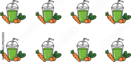 Fresh Green Vegetable Smoothie in Plastic Cup with Straw Served with Raw Carrots and Spinach Leaves Healthy Drink Concept