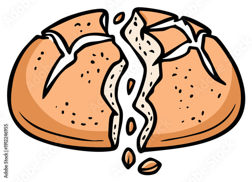 Cartoon illustration of a cracked loaf of bread with falling grains.