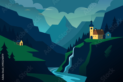 Serene mountain village at dusk