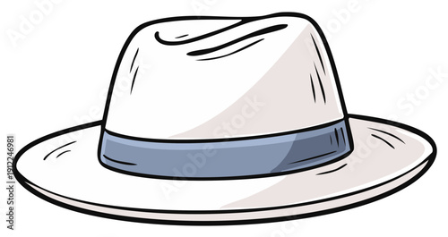 Classic white fedora hat with a grey band illustrated in a simple cartoon style
